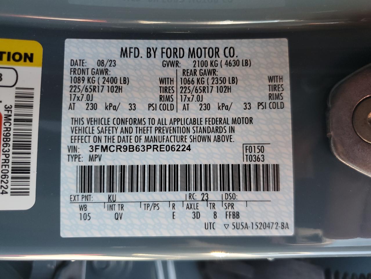 2023 Ford Bronco Sport Big Bend VIN: 3FMCR9B63PRE06224 Lot: 63246565