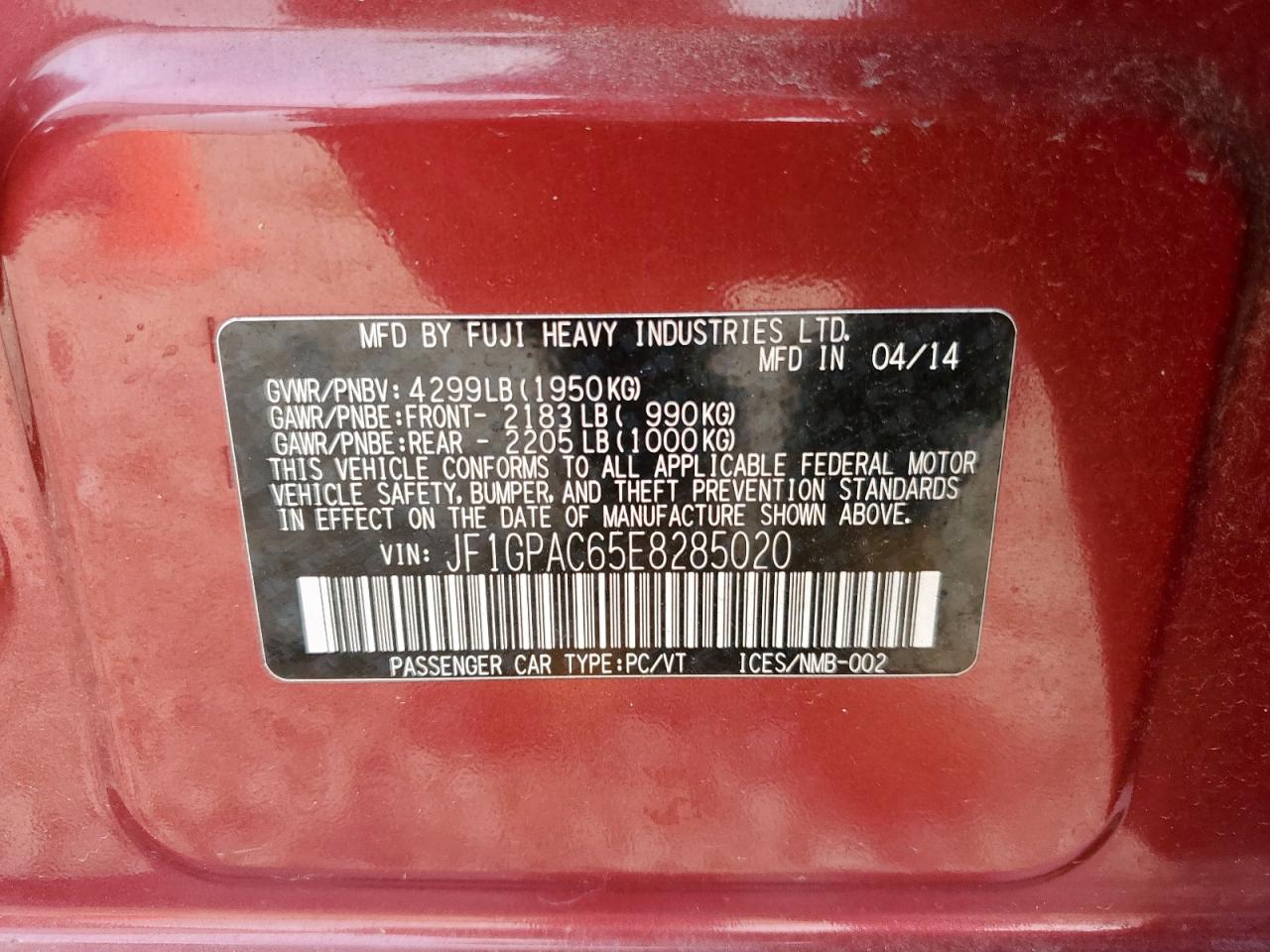 2014 Subaru Impreza Premium VIN: JF1GPAC65E8285020 Lot: 63772605