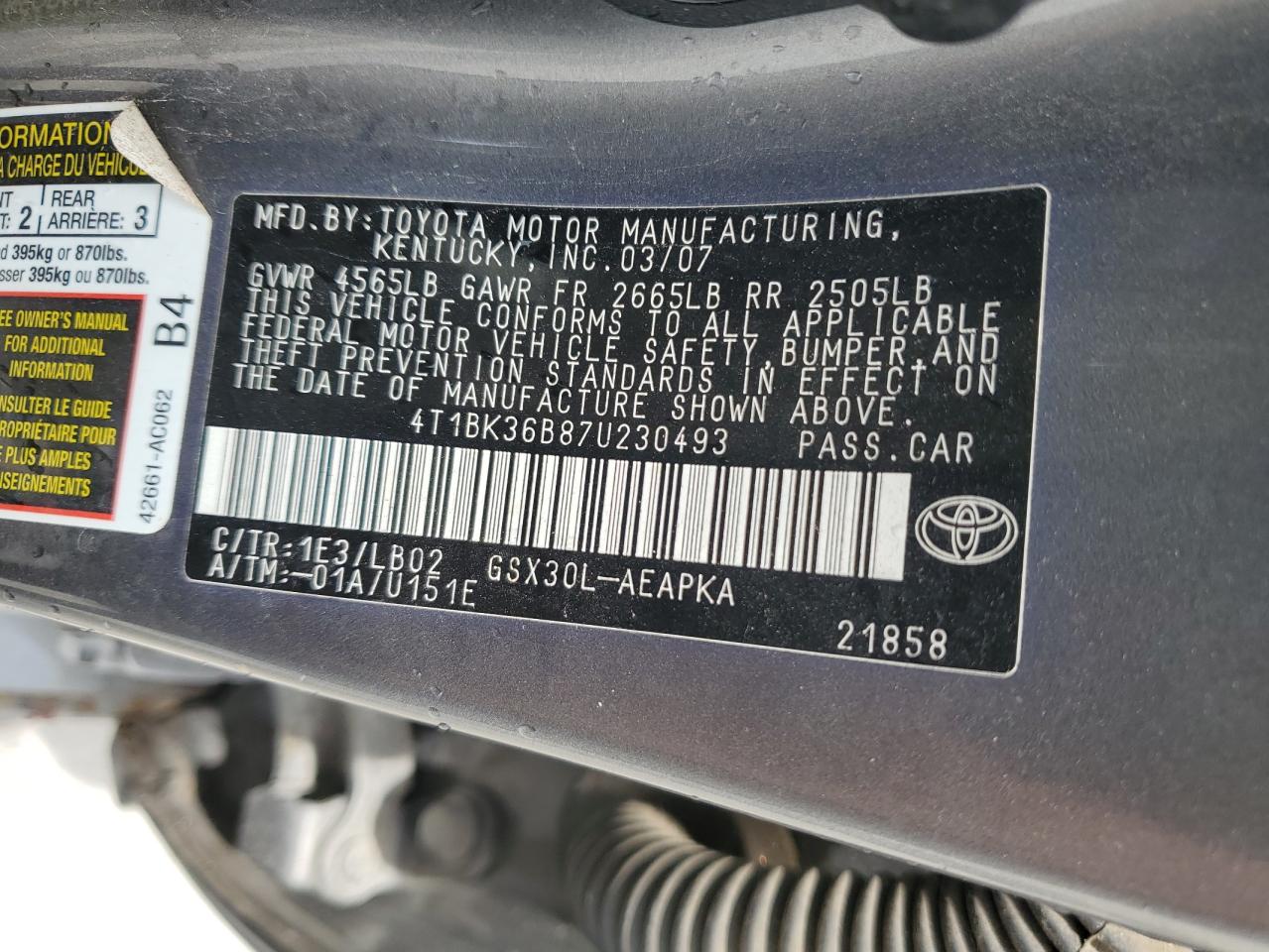 2007 Toyota Avalon Xl VIN: 4T1BK36B87U230493 Lot: 65890465