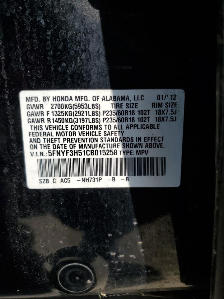 2012 Honda Pilot Exl VIN: 5FNYF3H51CB015258 Lot: 65637775