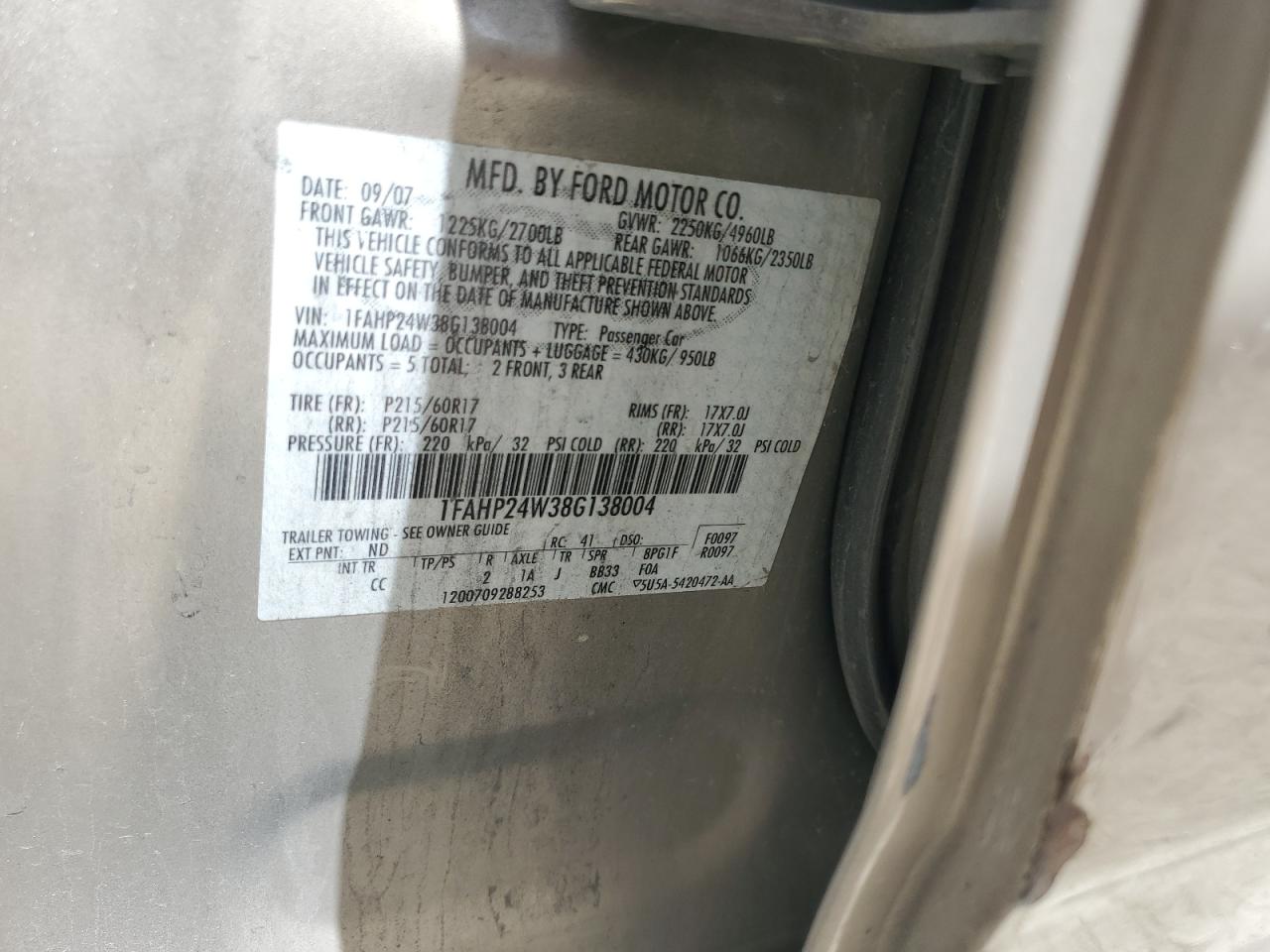 2008 Ford Taurus Sel VIN: 1FAHP24W38G138004 Lot: 81550045