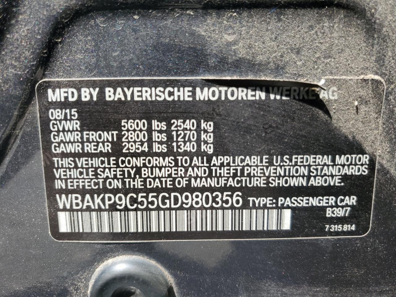 2016 BMW 550 Xi VIN: WBAKP9C55GD980356 Lot: 66793735