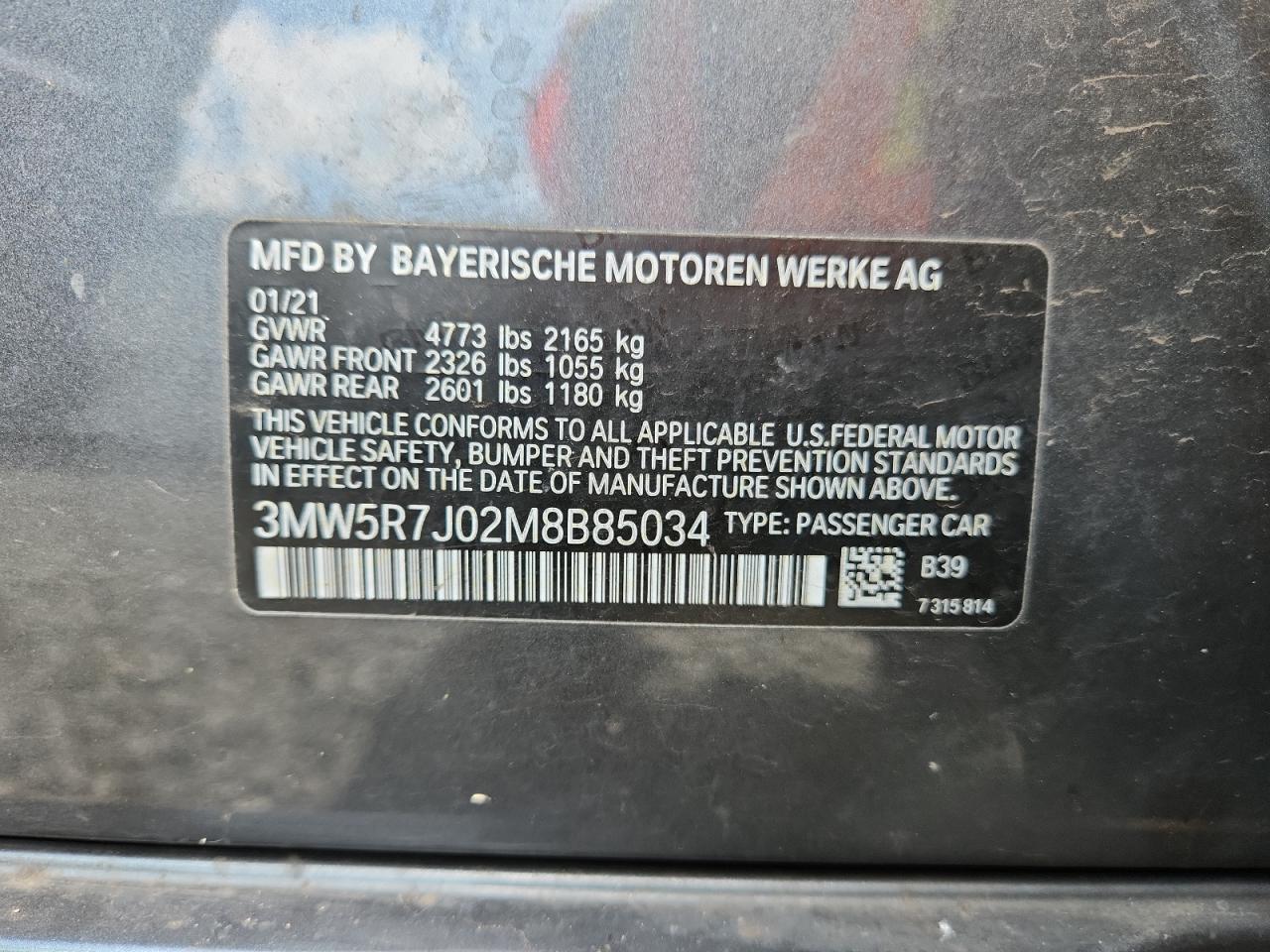 2021 BMW 330Xi VIN: 3MW5R7J02M8B85034 Lot: 64053535