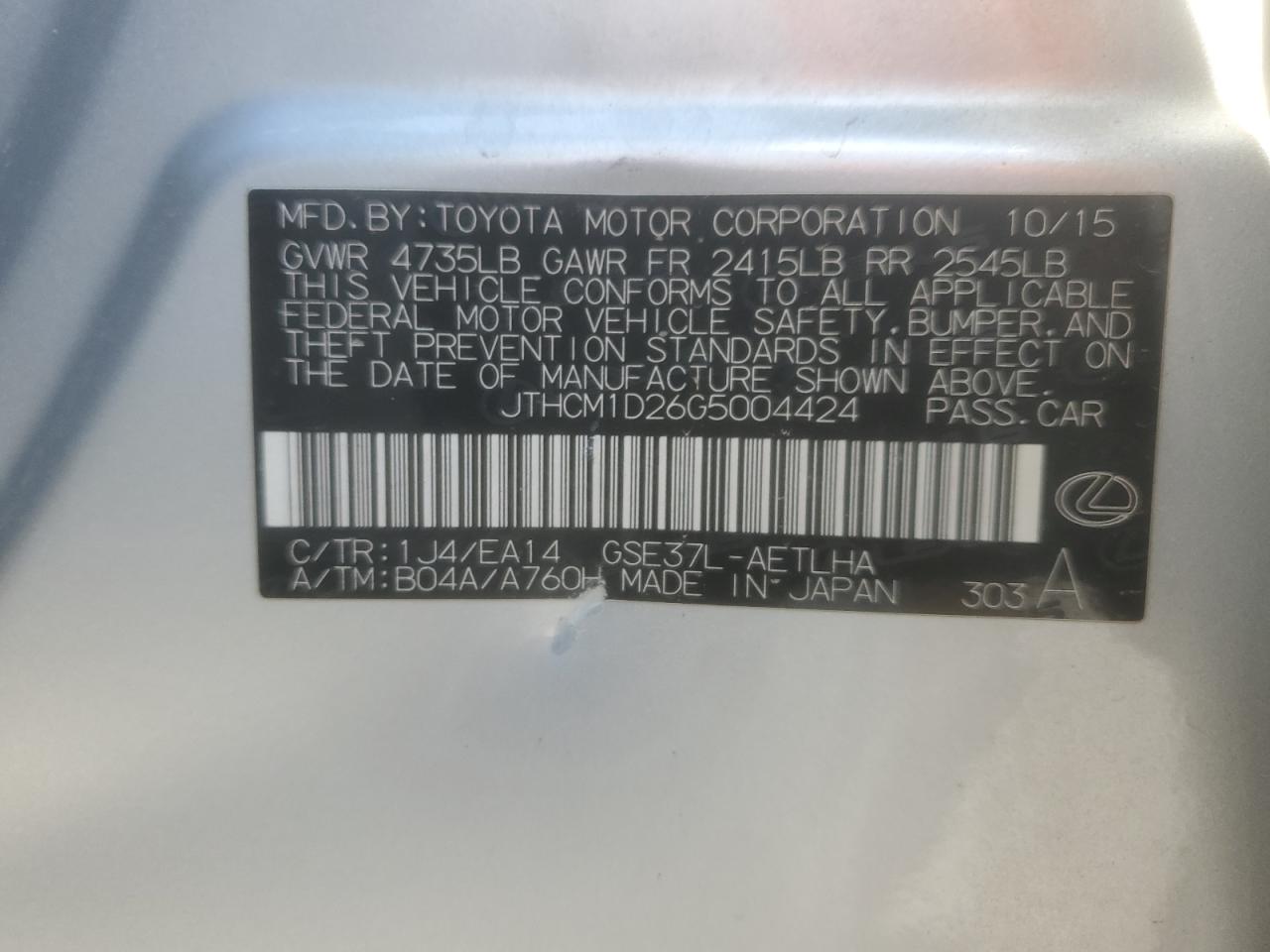 2016 Lexus Is 300 VIN: JTHCM1D26G5004424 Lot: 63858925