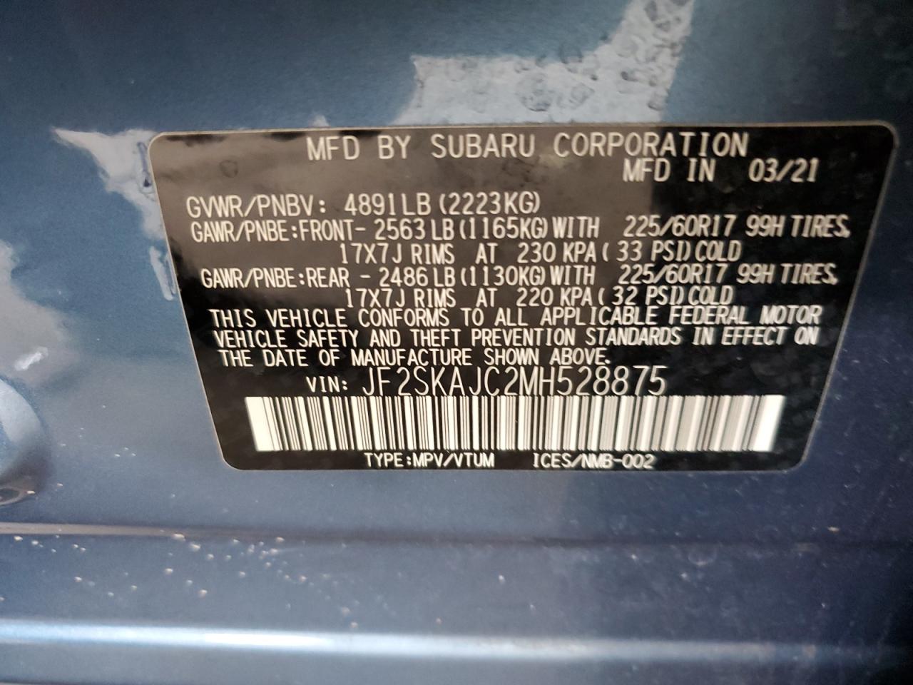 2021 Subaru Forester Premium VIN: JF2SKAJC2MH528875 Lot: 62951235