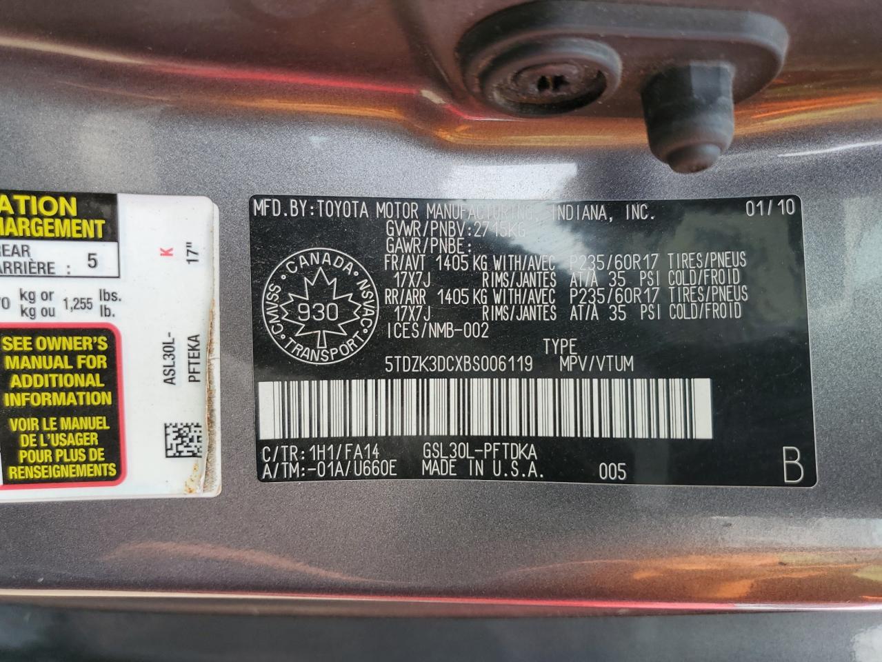 2011 Toyota Sienna VIN: 5TDZK3DCXBS006119 Lot: 64379885