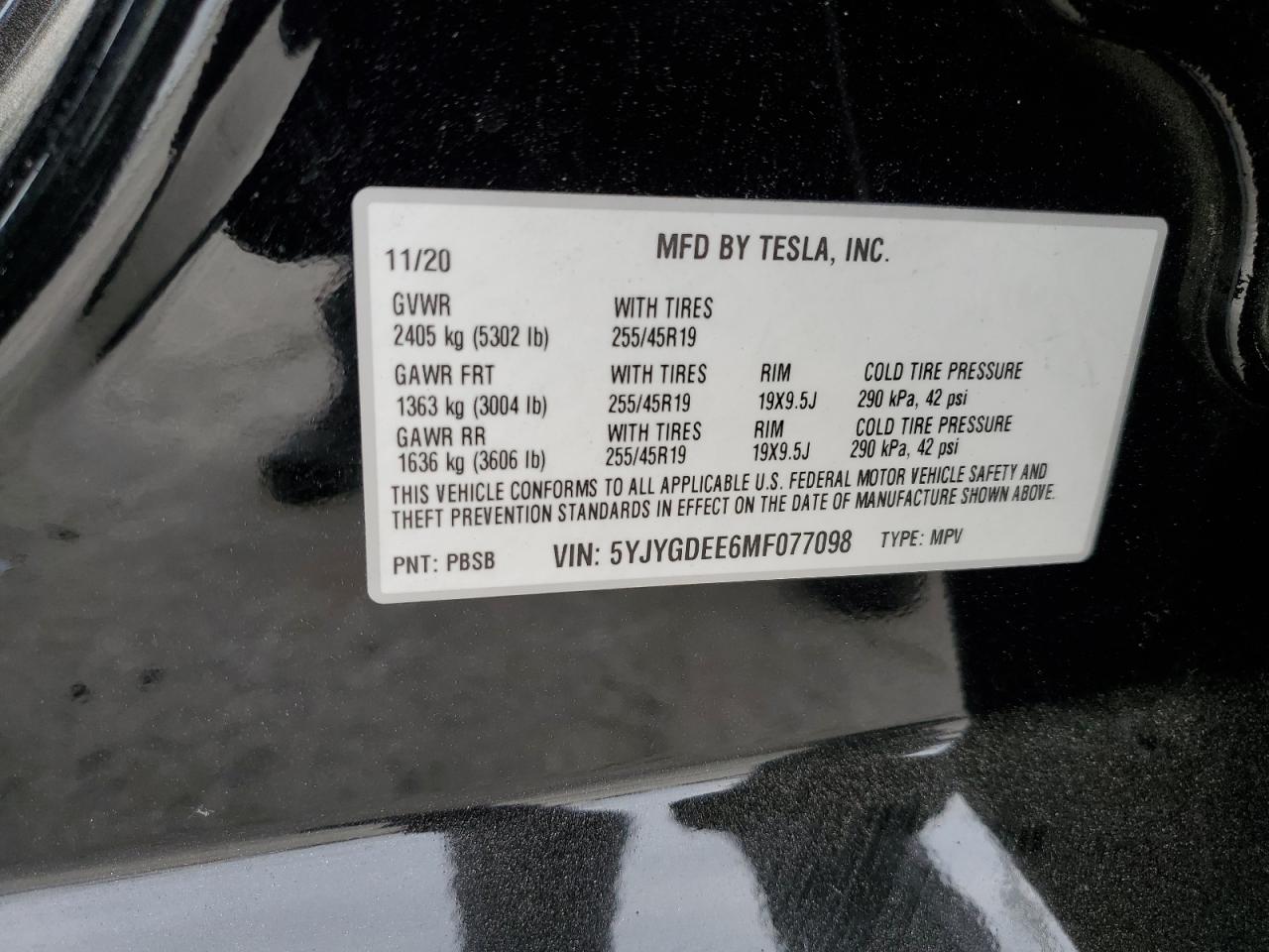 2021 Tesla Model Y VIN: 5YJYGDEE6MF077098 Lot: 64293565