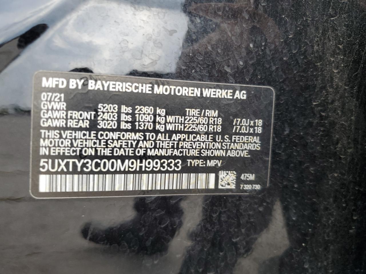 2021 BMW X3 Sdrive30I VIN: 5UXTY3C00M9H99333 Lot: 64606515