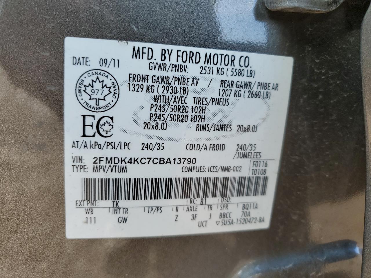 2012 Ford Edge Limited VIN: 2FMDK4KC7CBA13790 Lot: 64004525