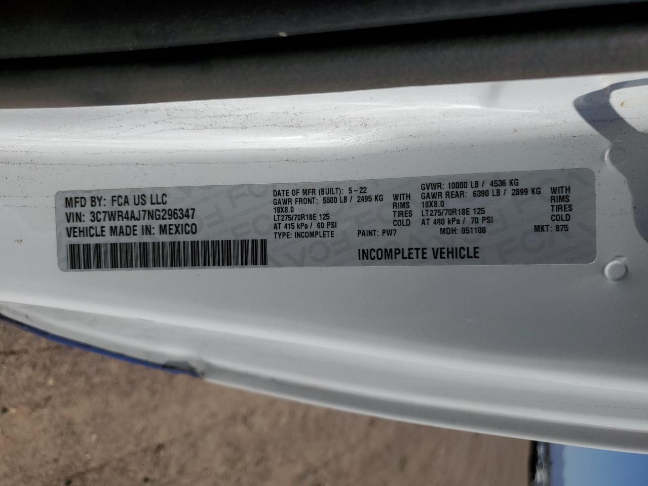 2022 Ram 2500 Tradesman VIN: 3C7WR4AJ7NG296347 Lot: 63801995