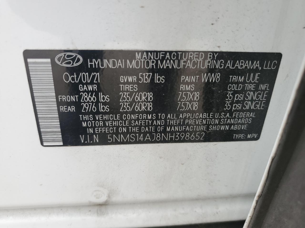 2022 Hyundai Santa Fe Se VIN: 5NMS14AJ8NH398652 Lot: 63643775