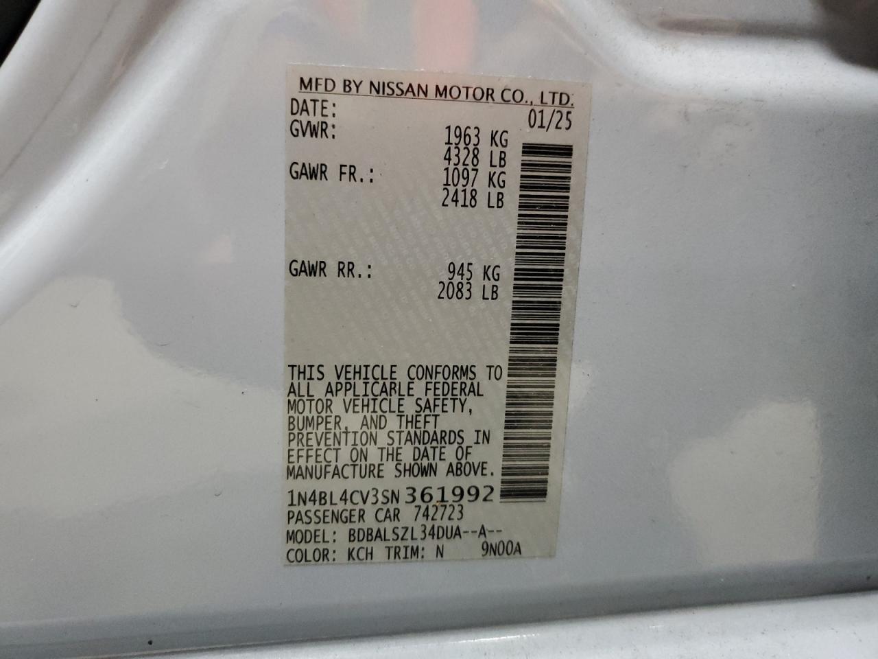 2025 Nissan Altima Sr VIN: 1N4BL4CV3SN361992 Lot: 64416015