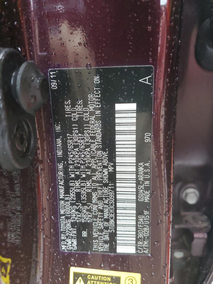 2012 Toyota Highlander Base VIN: 5TDBK3EH3CS099711 Lot: 63821135