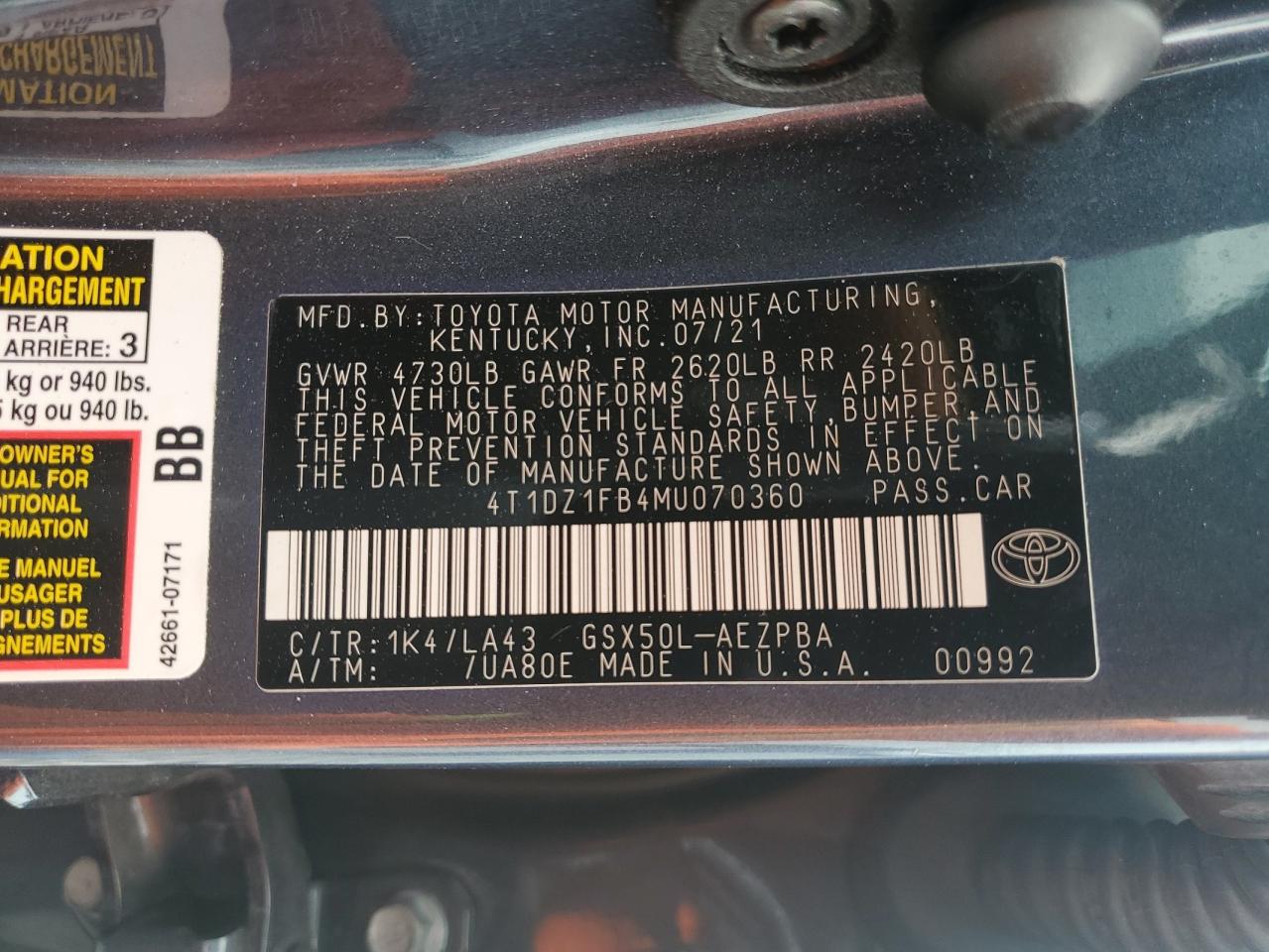 2021 Toyota Avalon Limited VIN: 4T1DZ1FB4MU070360 Lot: 63451875