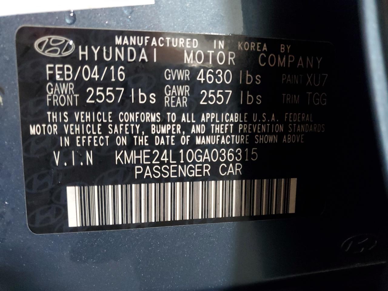 2016 Hyundai Sonata Hybrid VIN: KMHE24L10GA036315 Lot: 64983975