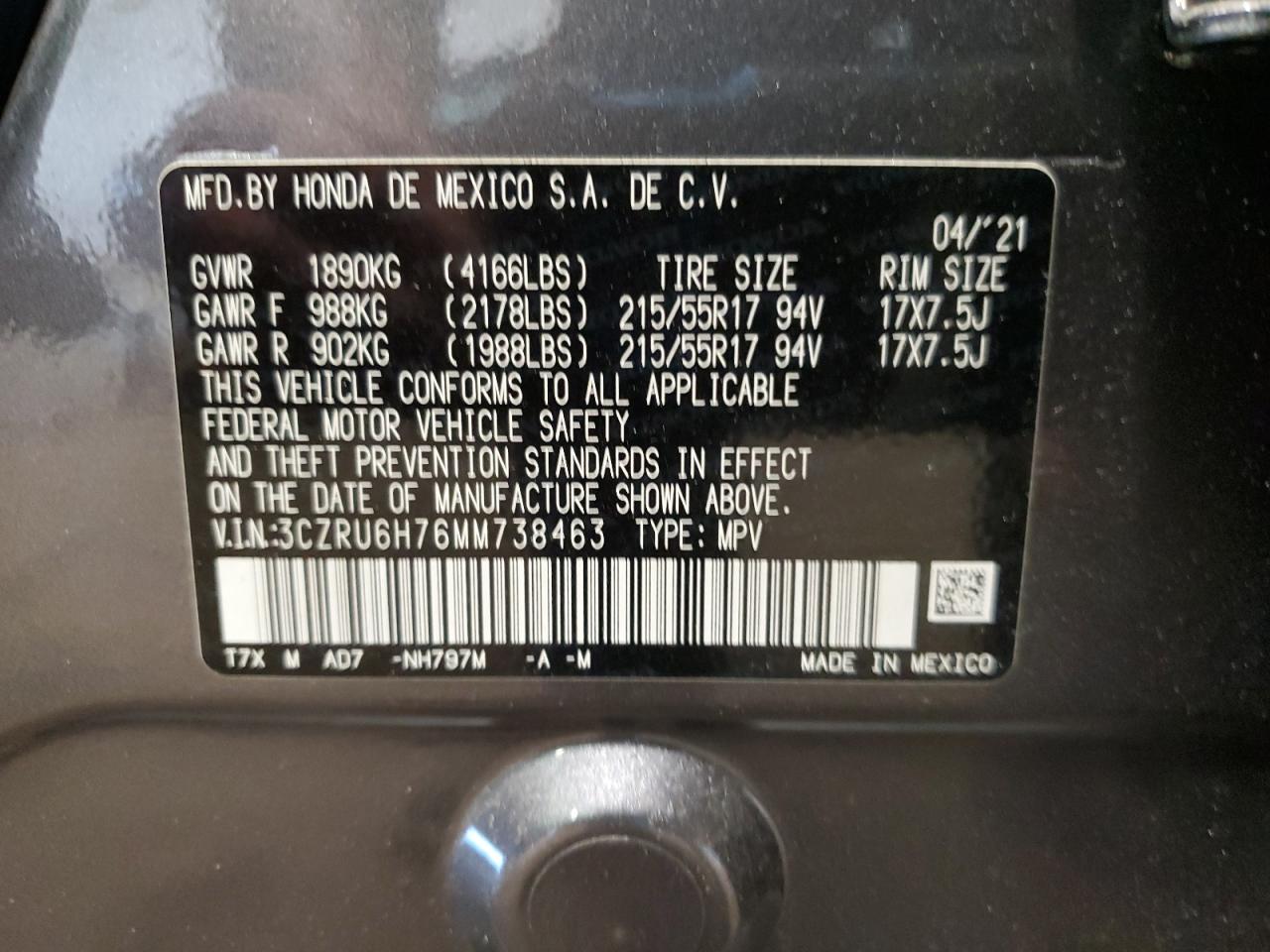 2021 Honda Hr-V Exl VIN: 3CZRU6H76MM738463 Lot: 64956885