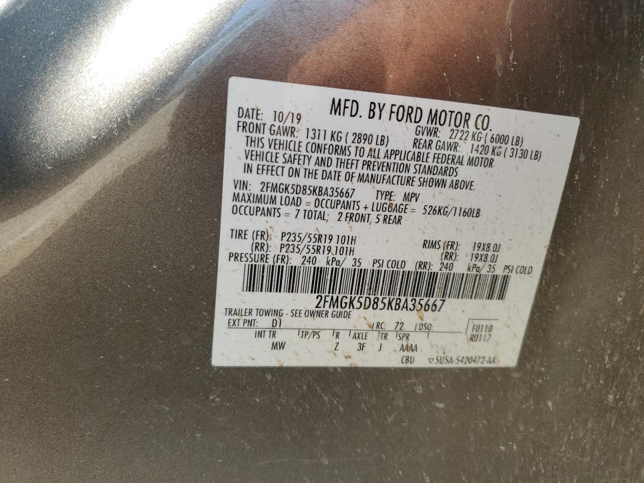 2019 Ford Flex Limited VIN: 2FMGK5D85KBA35667 Lot: 65174585