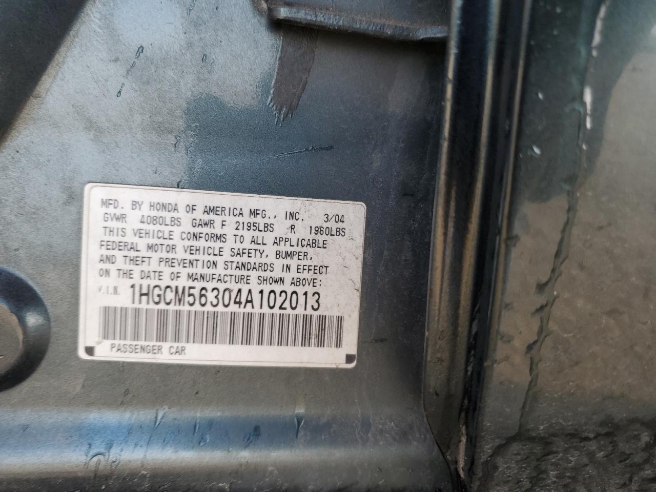 2004 Honda Accord Lx VIN: 1HGCM56304A102013 Lot: 65170175