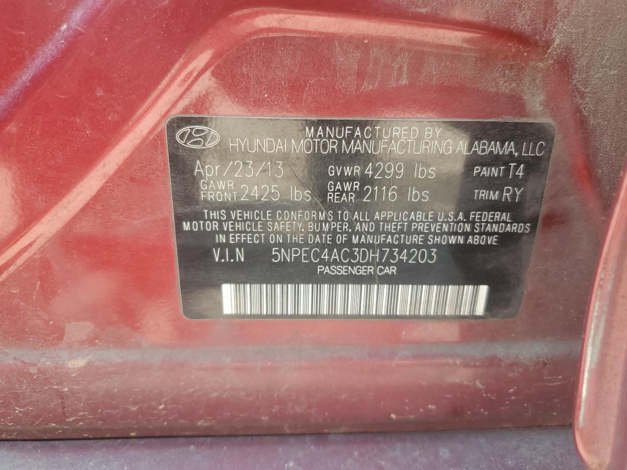 2013 Hyundai Sonata Se VIN: 5NPEC4AC3DH734203 Lot: 64684405