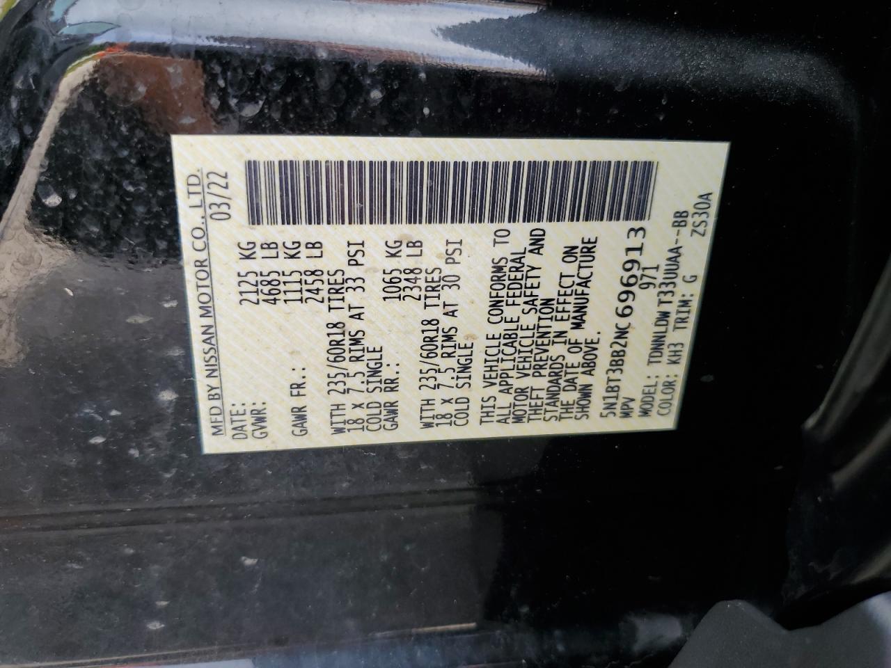 2022 Nissan Rogue Sv VIN: 5N1BT3BB2NC696913 Lot: 62766055