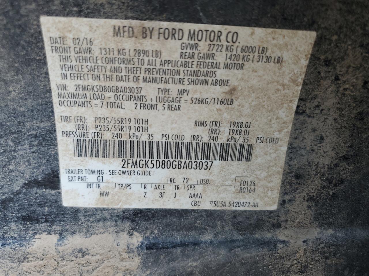 2016 Ford Flex Limited VIN: 2FMGK5D80GBA03037 Lot: 66563435