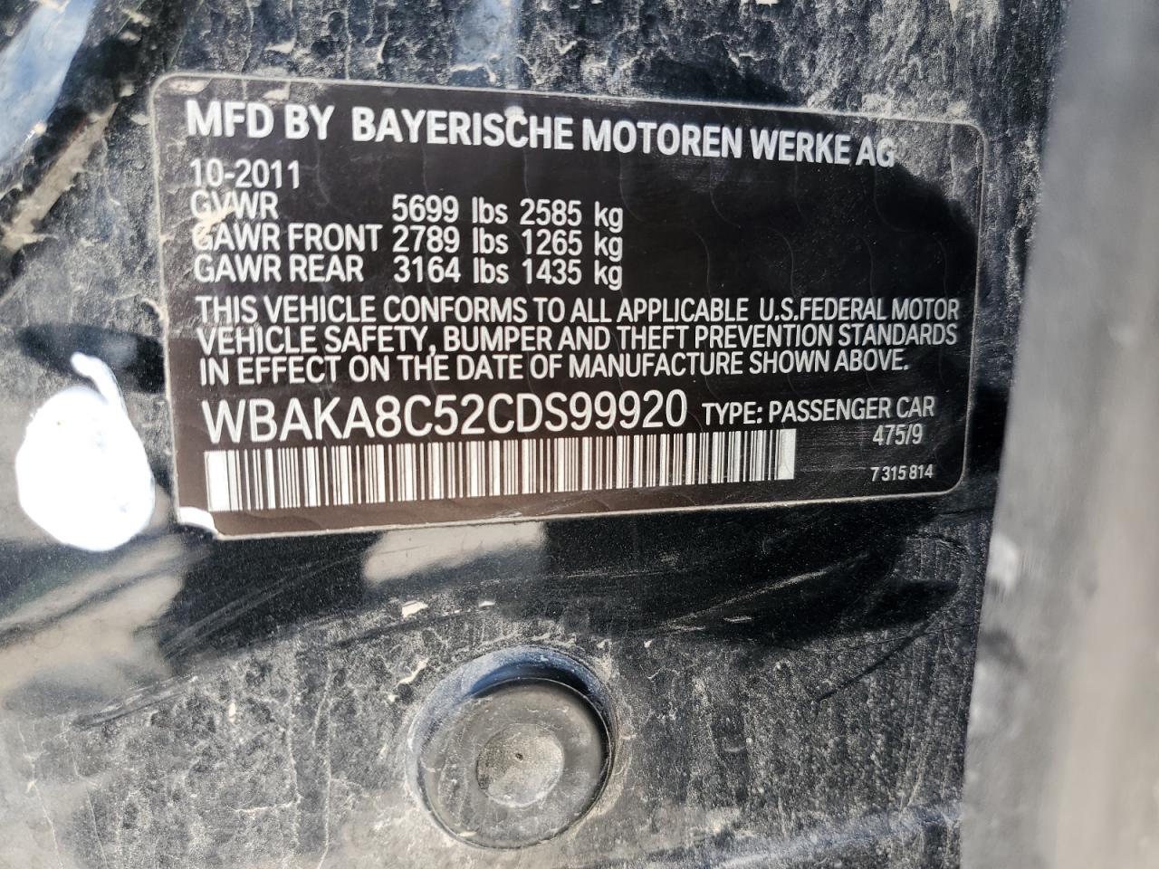 2012 BMW 750 I VIN: WBAKA8C52CDS99920 Lot: 63025385