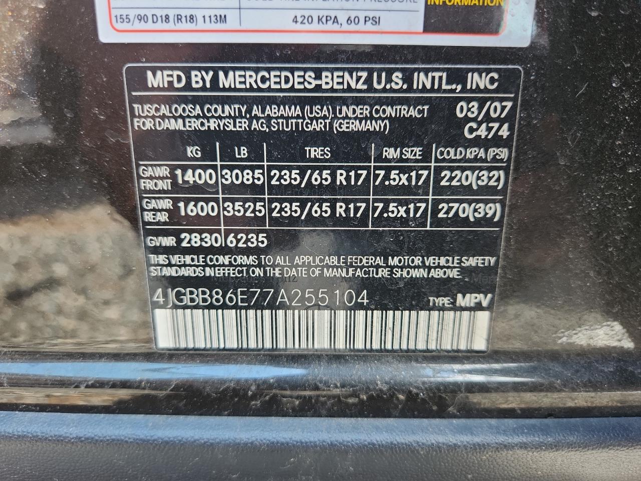 2007 Mercedes-Benz Ml 350 VIN: 4JGBB86E77A255104 Lot: 61958145