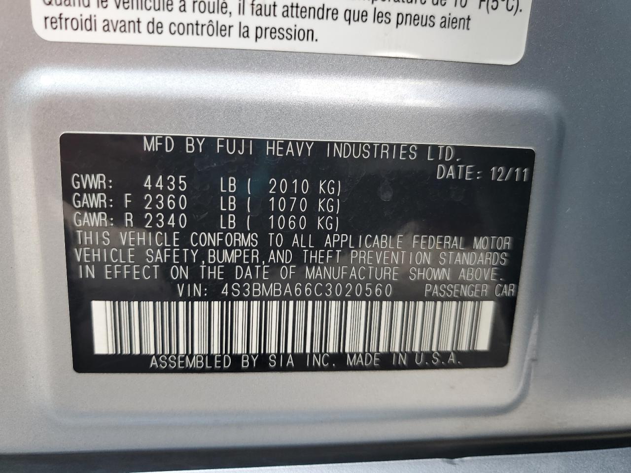 2012 Subaru Legacy 2.5I VIN: 4S3BMBA66C3020560 Lot: 65041105