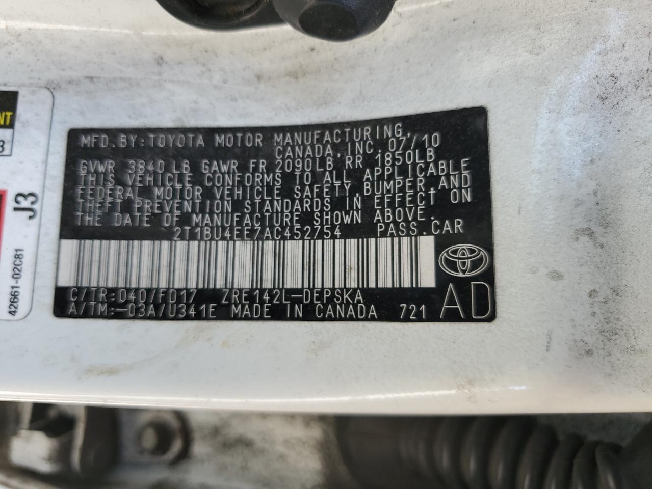 2010 Toyota Corolla Base VIN: 2T1BU4EE7AC452754 Lot: 65178195