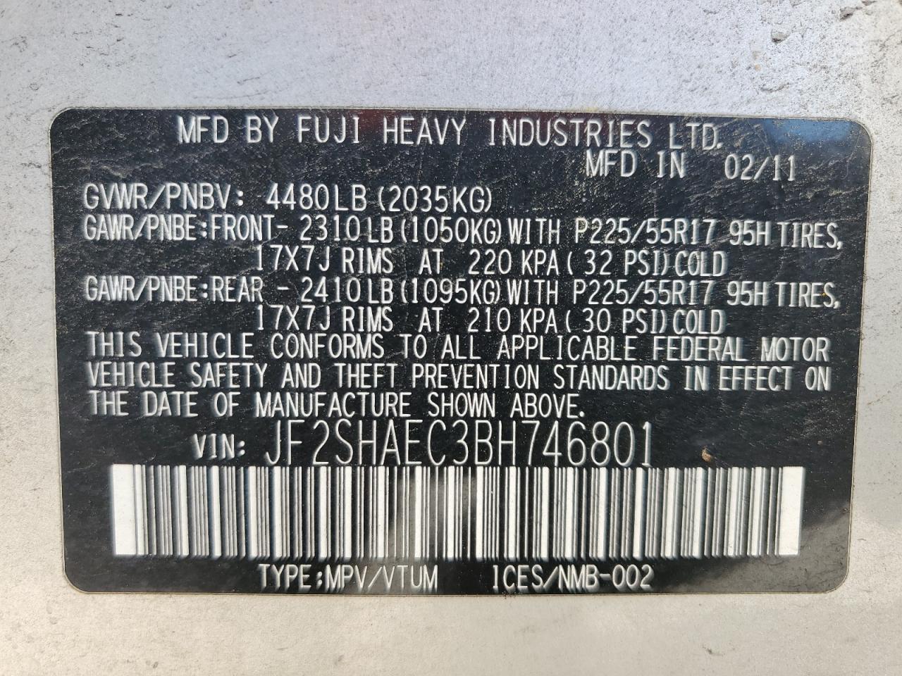 2011 Subaru Forester Limited VIN: JF2SHAEC3BH746801 Lot: 65186185