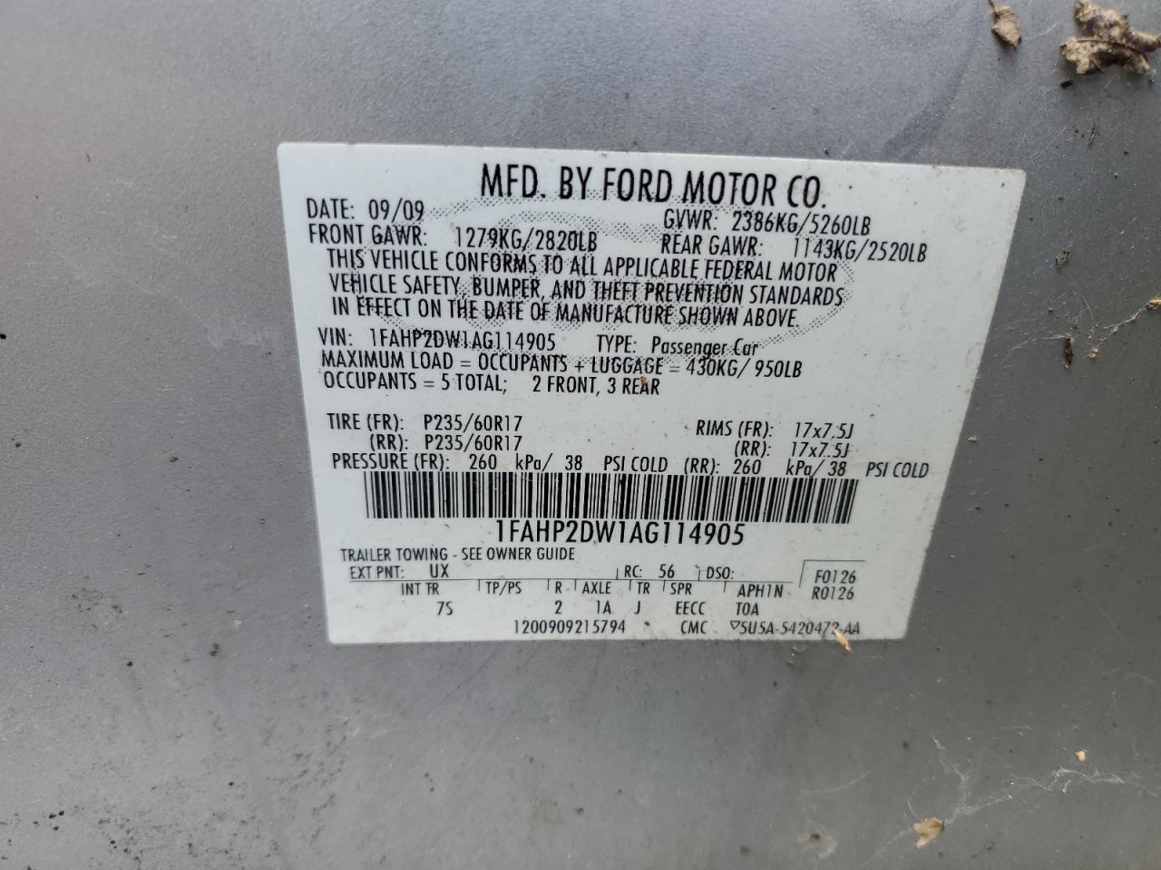 2010 Ford Taurus Se VIN: 1FAHP2DW1AG114905 Lot: 64560355