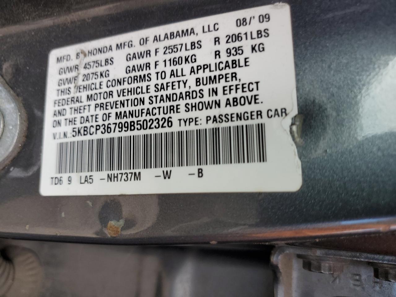 2009 Honda Accord Ex VIN: 5KBCP36799B502326 Lot: 65404315