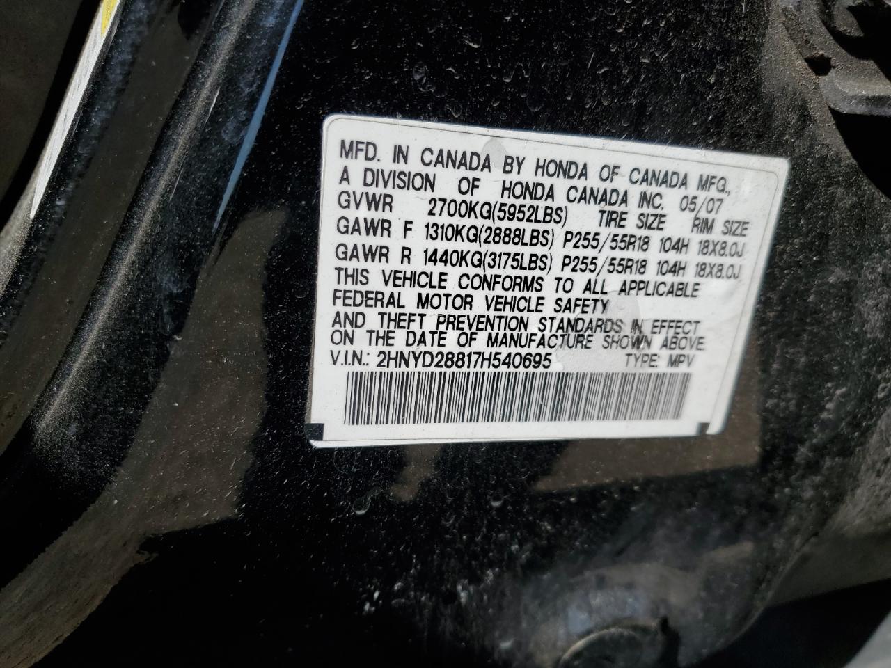 2007 Acura Mdx Sport VIN: 2HNYD28817H540695 Lot: 62877035