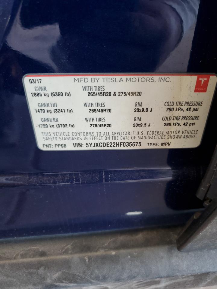 2017 Tesla Model X VIN: 5YJXCDE22HF035675 Lot: 64334395
