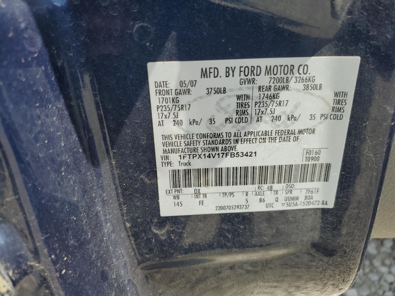 2007 Ford F150 VIN: 1FTPX14V17FB53421 Lot: 64643425