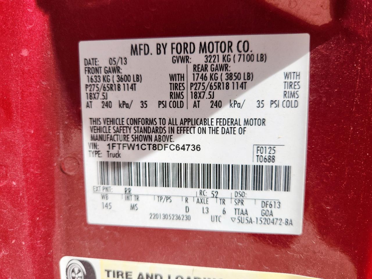 2013 Ford F150 Supercrew VIN: 1FTFW1CT8DFC64736 Lot: 64981595