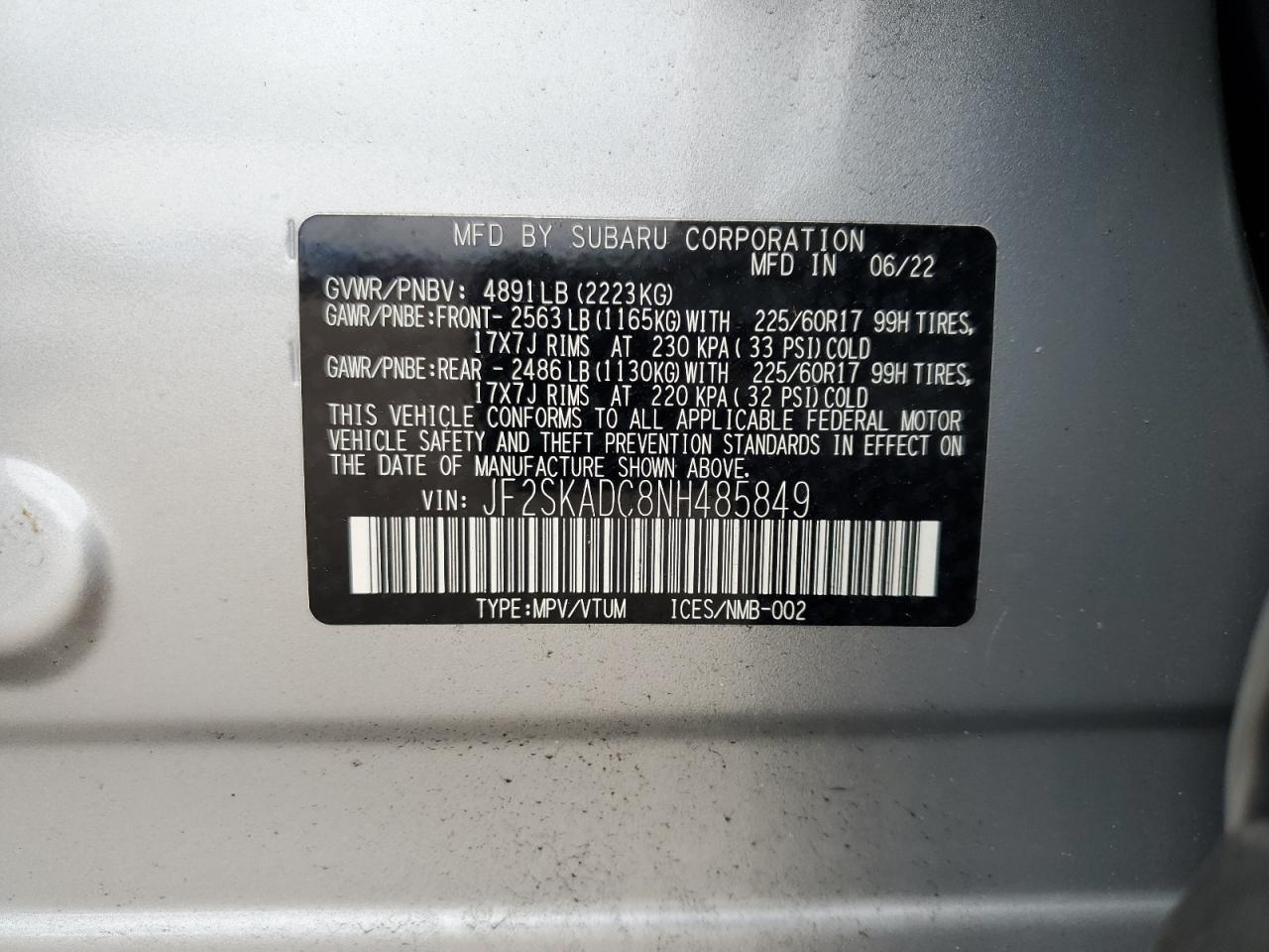 2022 Subaru Forester Premium VIN: JF2SKADC8NH485849 Lot: 63692305