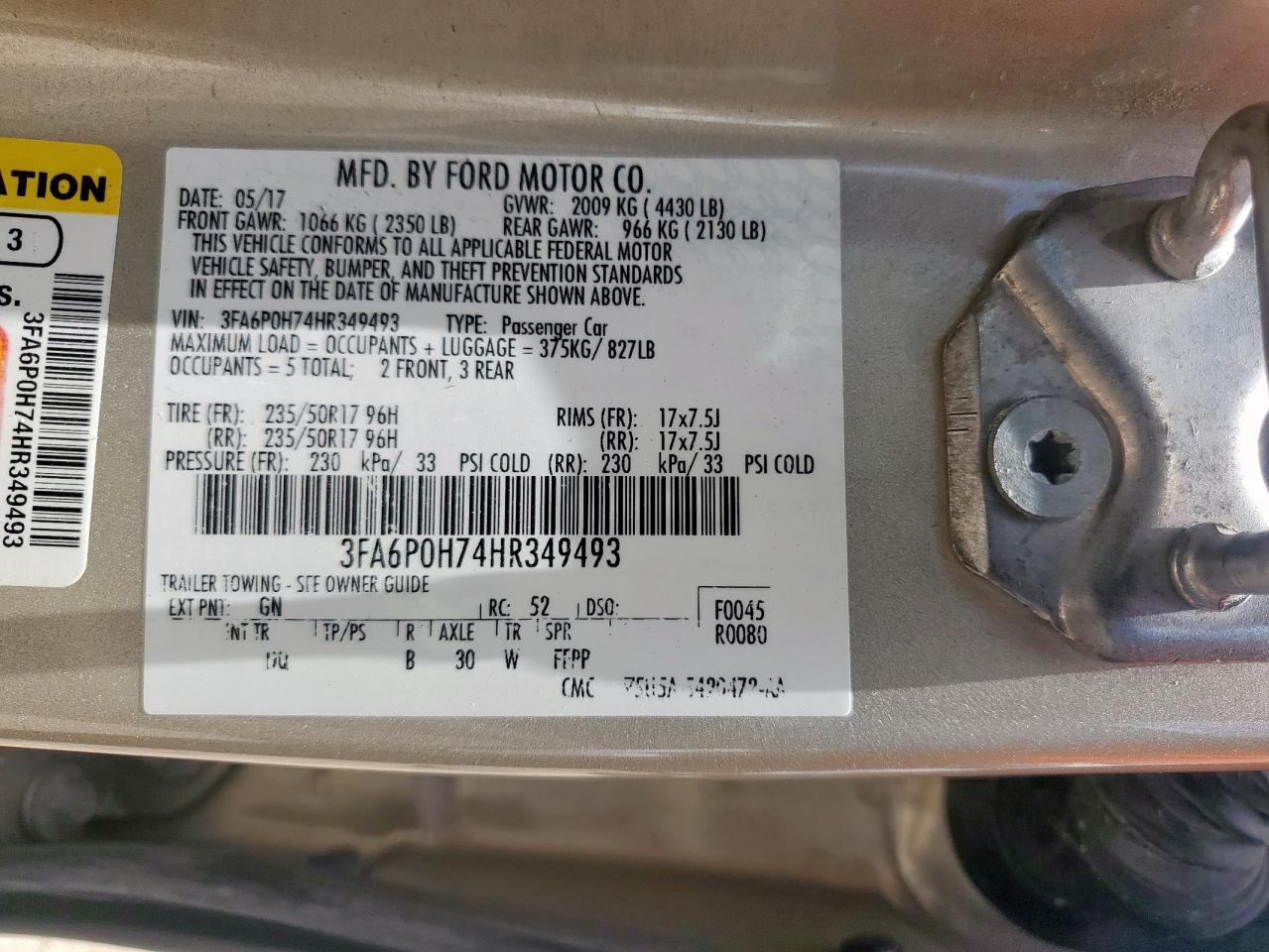 2017 Ford Fusion Se VIN: 3FA6P0H74HR349493 Lot: 62391595