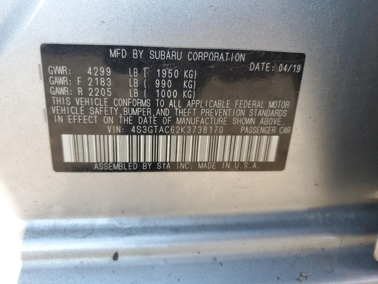 2019 Subaru Impreza Premium VIN: 4S3GTAC62K3738170 Lot: 63824575