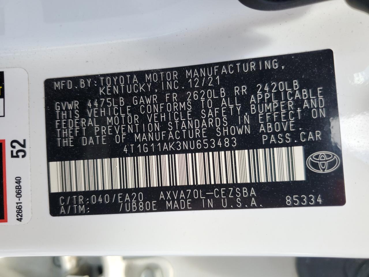 2022 Toyota Camry Se VIN: 4T1G11AK3NU653483 Lot: 65129015