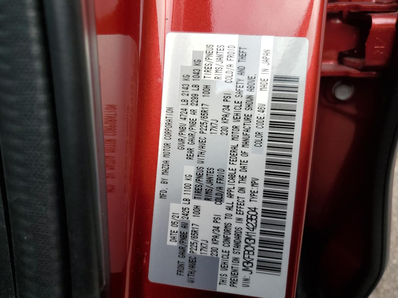 2021 Mazda Cx-5 Touring VIN: JM3KFBCM3M1423504 Lot: 65500975