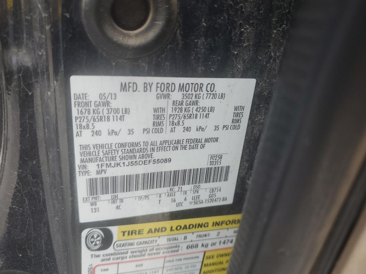 2013 Ford Expedition El Xlt VIN: 1FMJK1J55DEF55089 Lot: 63569335