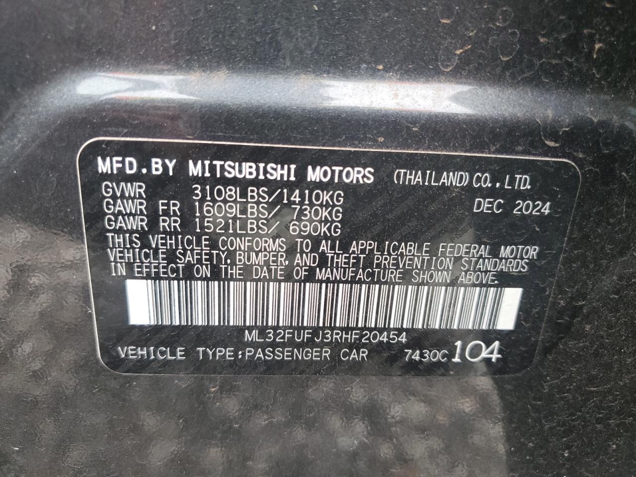 2024 Mitsubishi Mirage G4 Es VIN: ML32FUFJ3RHF20454 Lot: 63003455