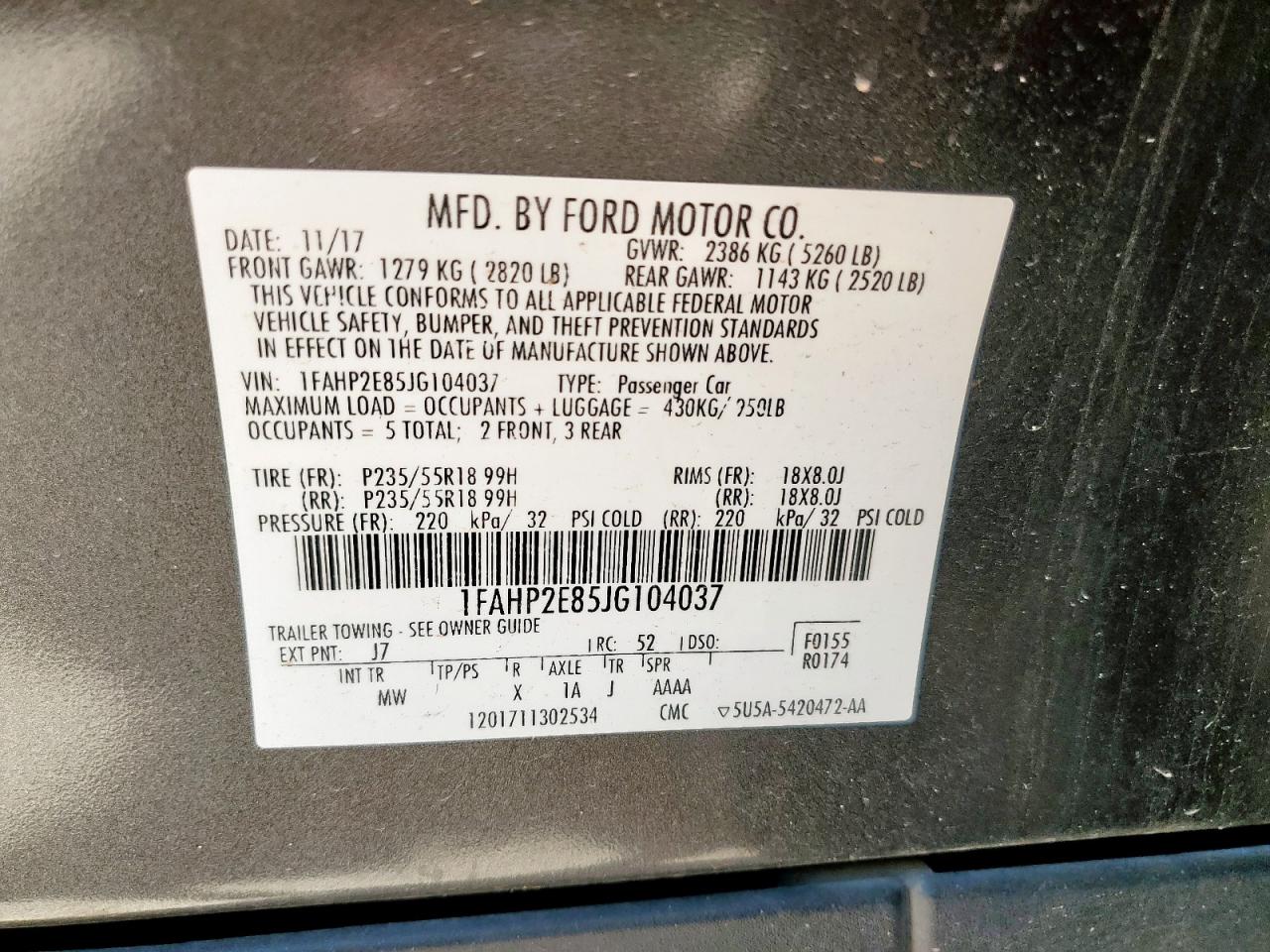 2018 Ford Taurus Sel VIN: 1FAHP2E85JG104037 Lot: 64655605