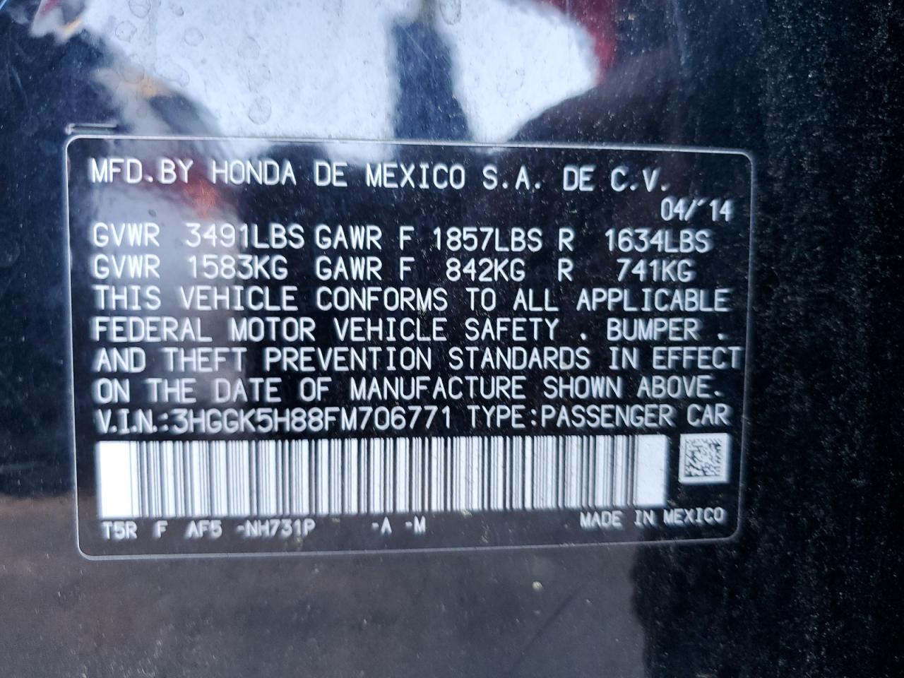 2015 Honda Fit Ex VIN: 3HGGK5H88FM706771 Lot: 63054825