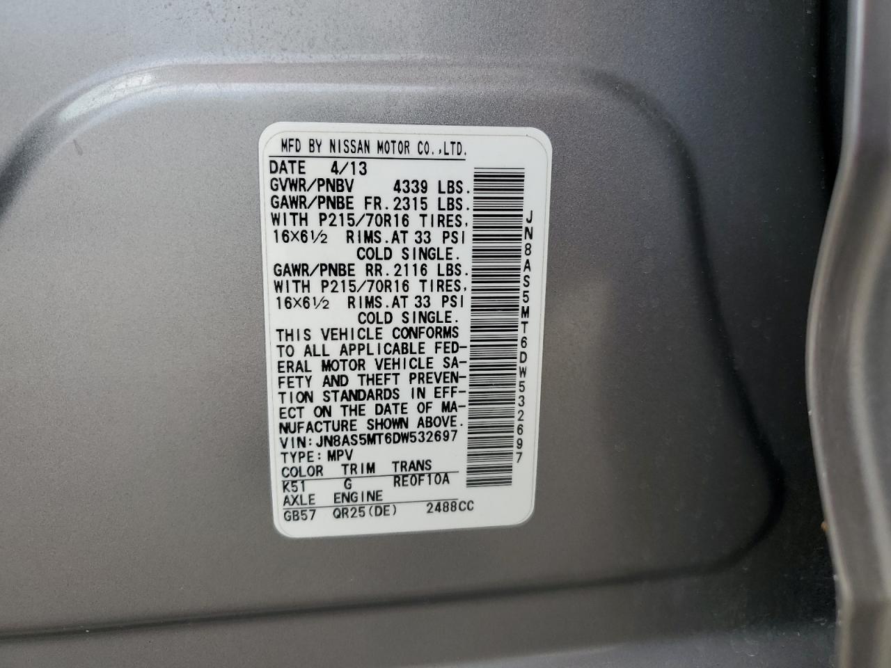2013 Nissan Rogue S VIN: JN8AS5MT6DW532697 Lot: 64684935