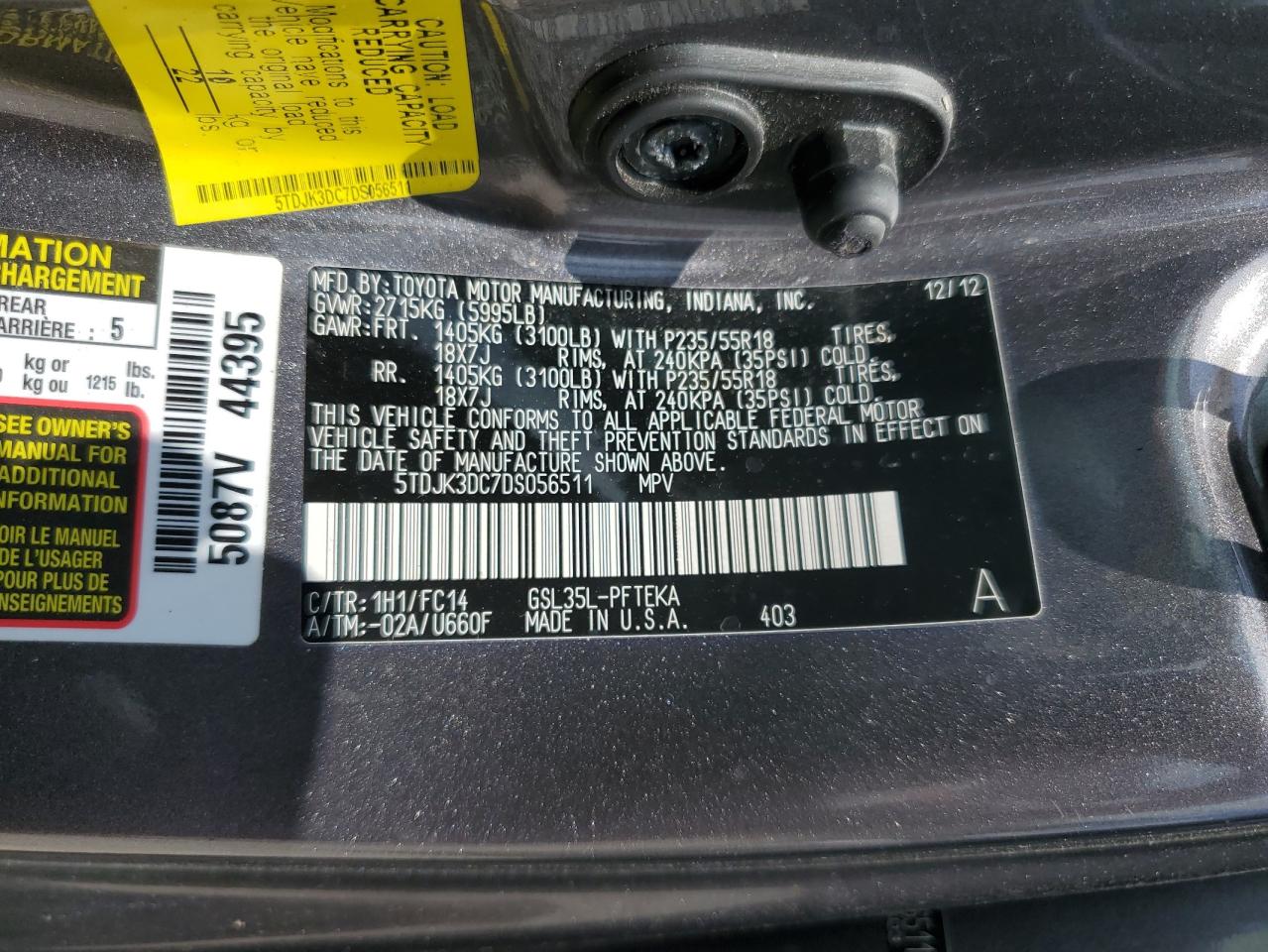 2013 Toyota Sienna Le VIN: 5TDJK3DC7DS056511 Lot: 64001975