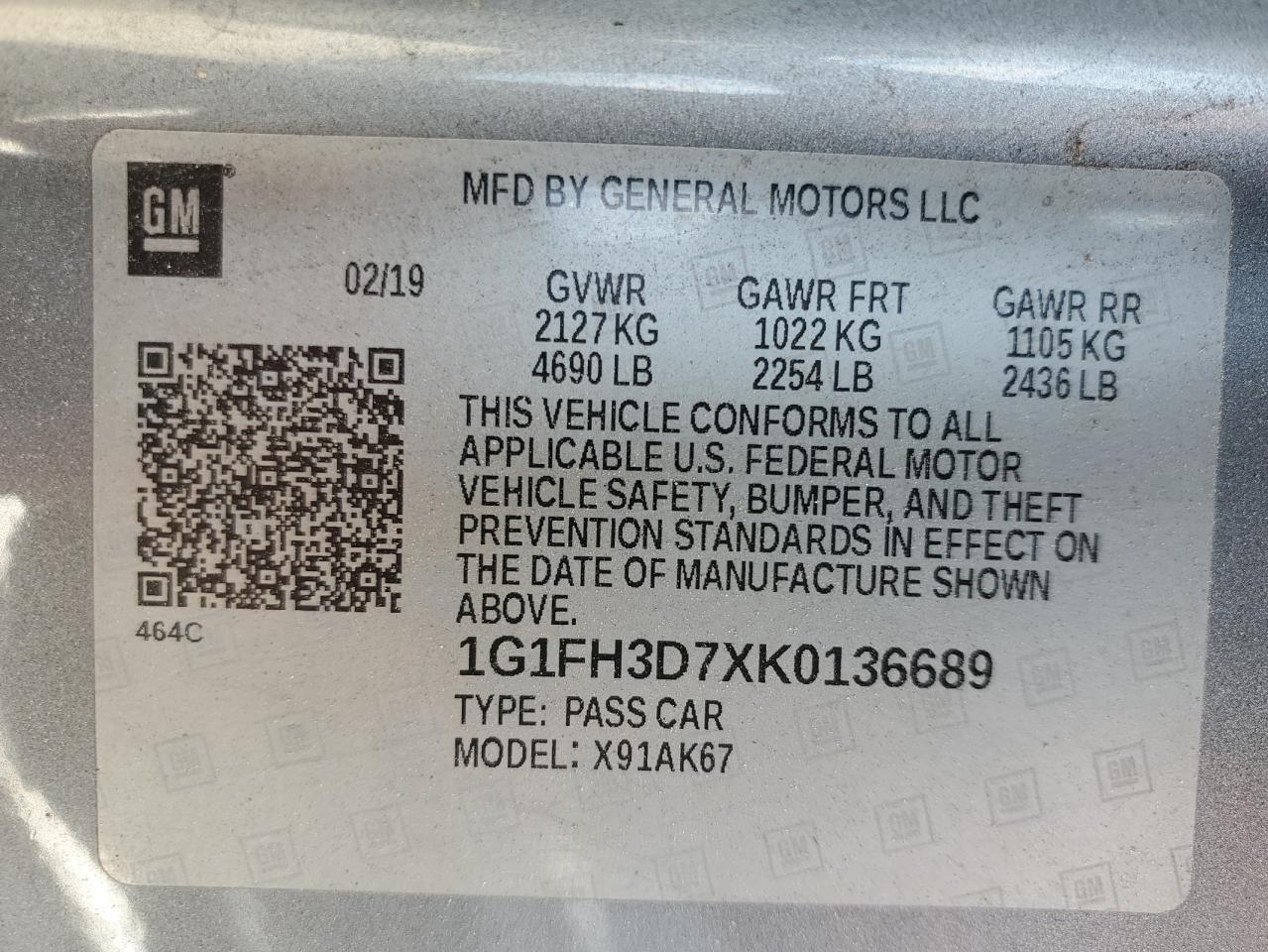 2019 Chevrolet Camaro Ss VIN: 1G1FH3D7XK0136689 Lot: 63433075