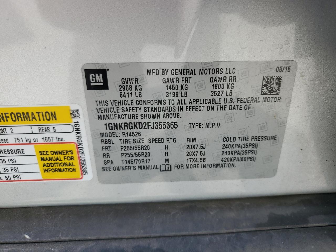 2015 Chevrolet Traverse Lt VIN: 1GNKRGKD2FJ355365 Lot: 63582415