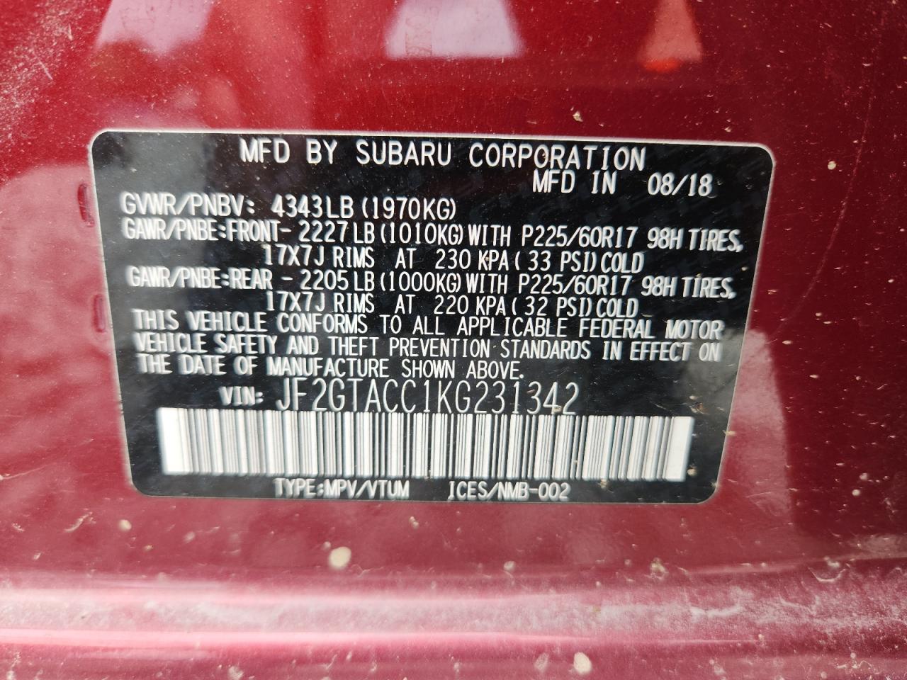 2019 Subaru Crosstrek Premium VIN: JF2GTACC1KG231342 Lot: 64479395